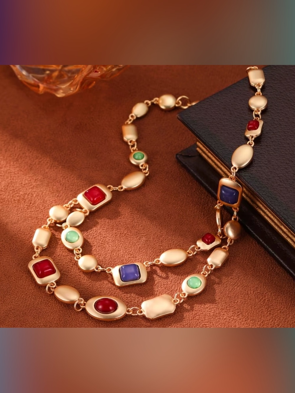 Gold-Tone Multi-Colored Gemstone Link Necklace - Elegant Women Jewelry